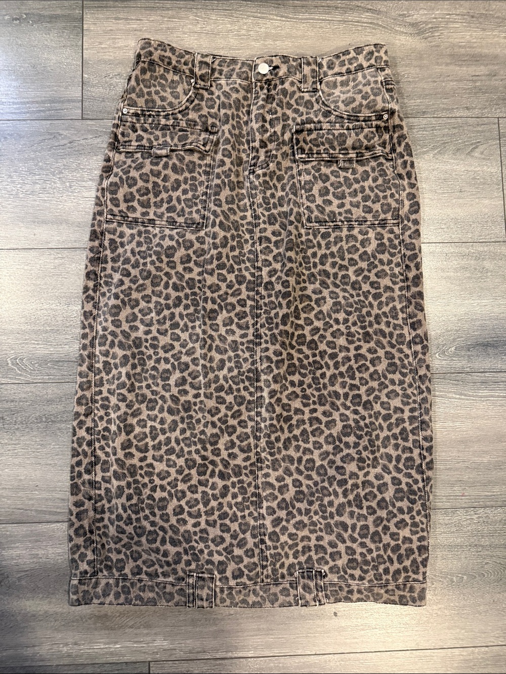 Leopard  Denim Print Midi Skirt - Brown